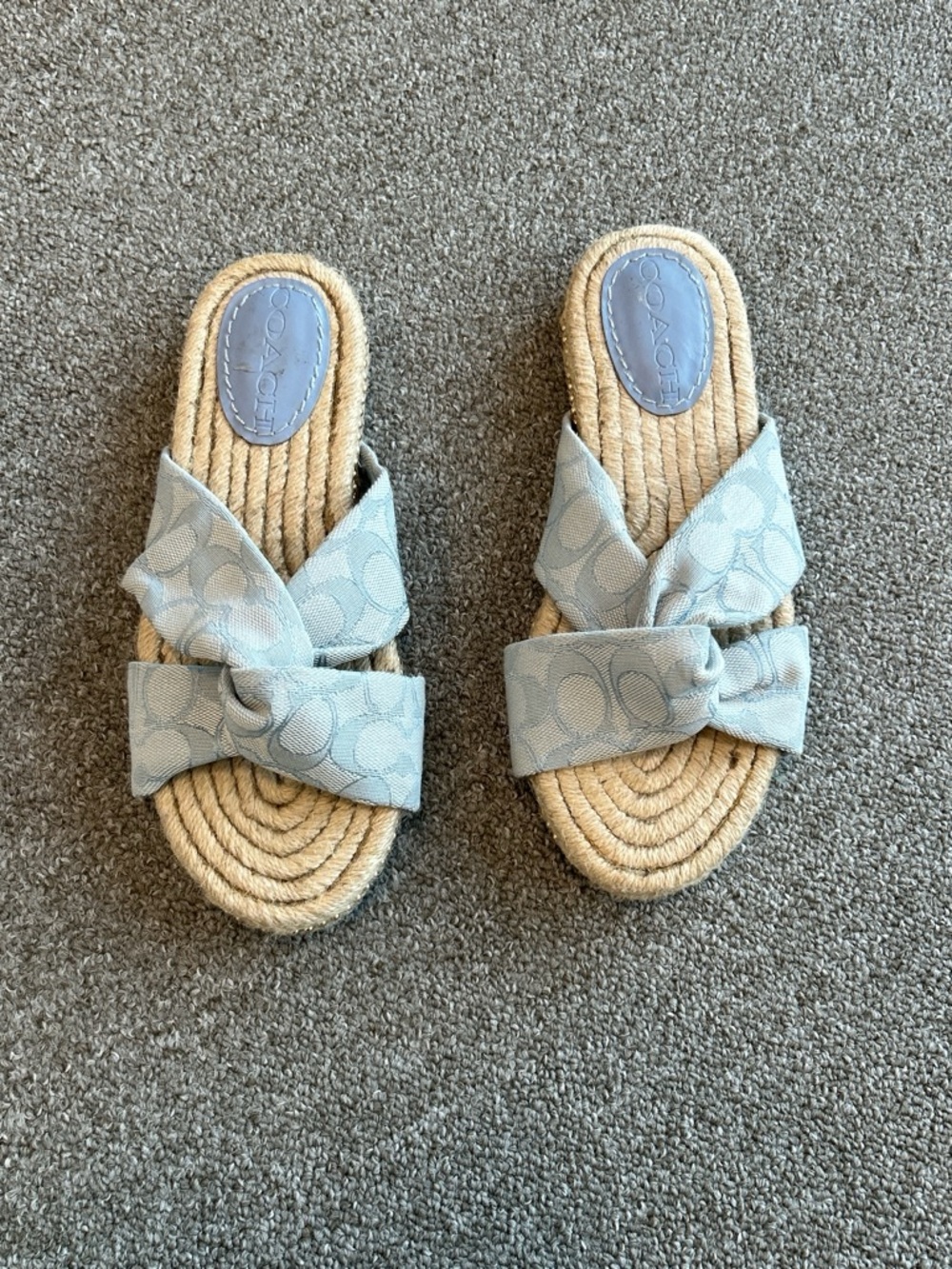 Coach Light Blue Logo Bow Raffia Slide Sandals